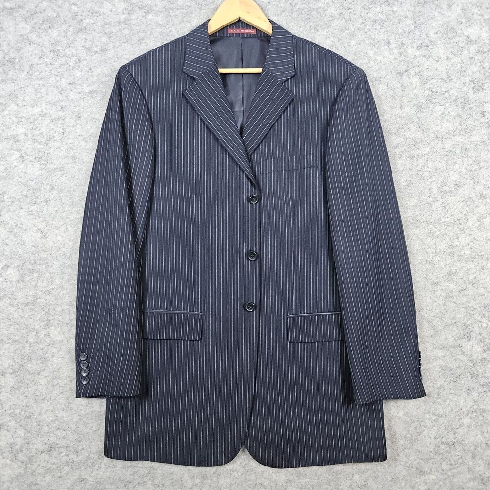 Wall Street Collection Men's Blazer Navy‎ Blue Size 42L Pinstriped 3-Button